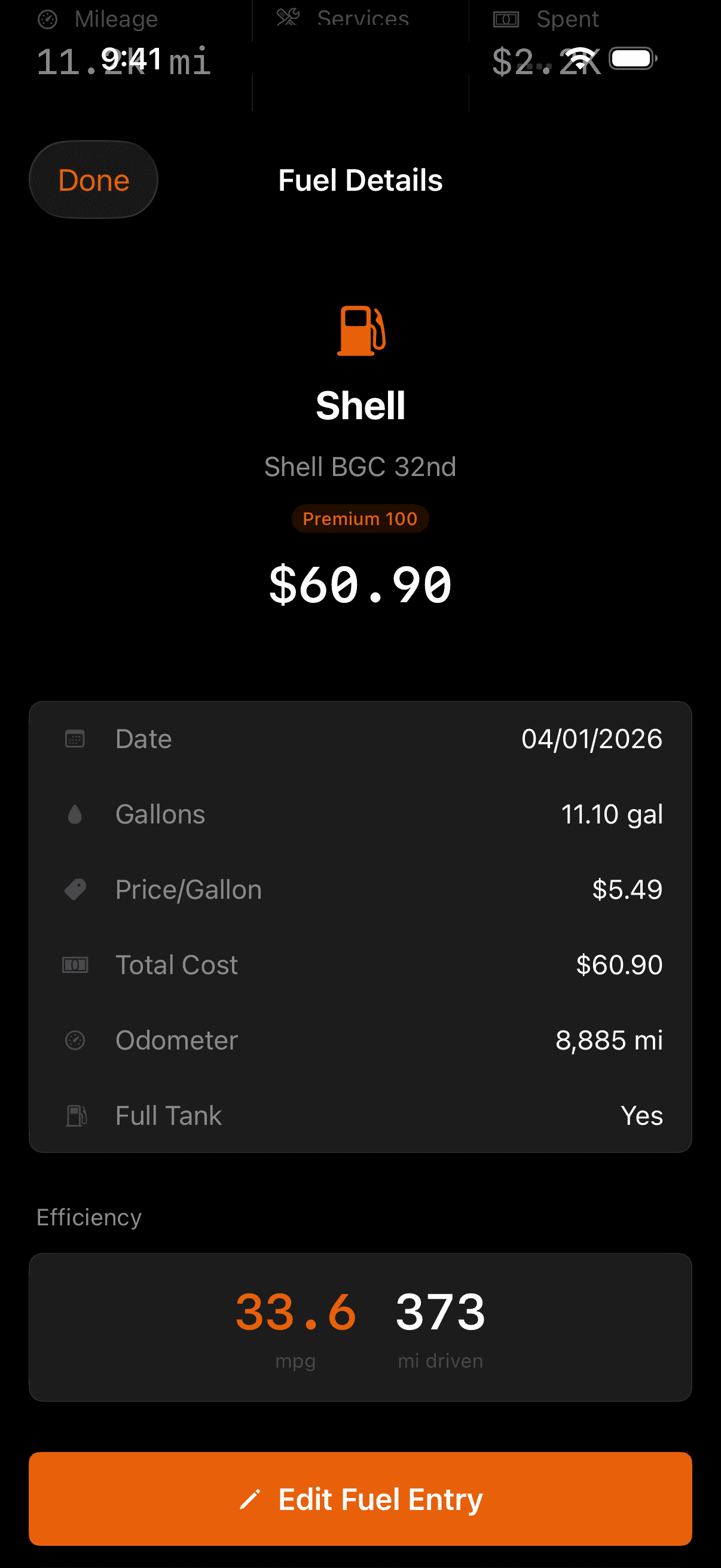 Fuel details screen
