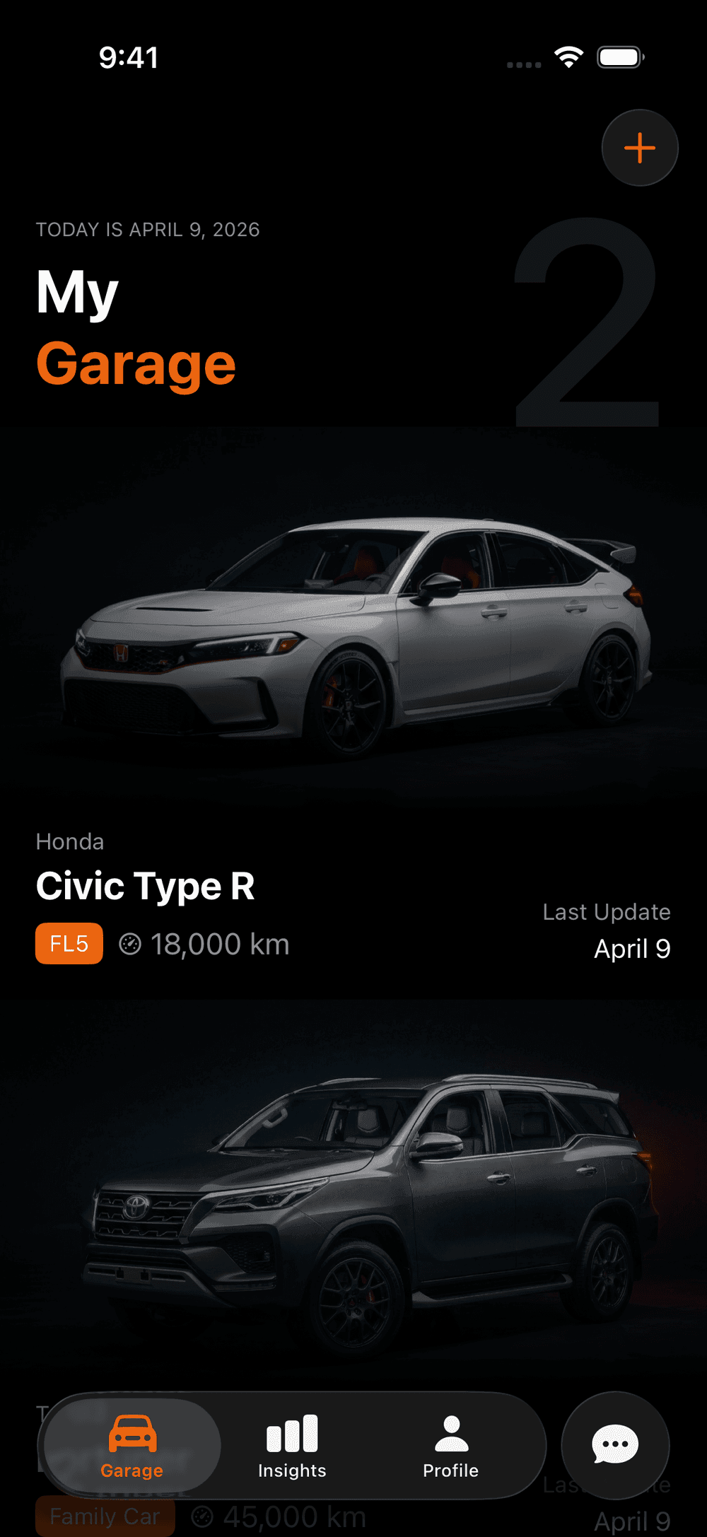 KeepAuto garage screen with vehicle list