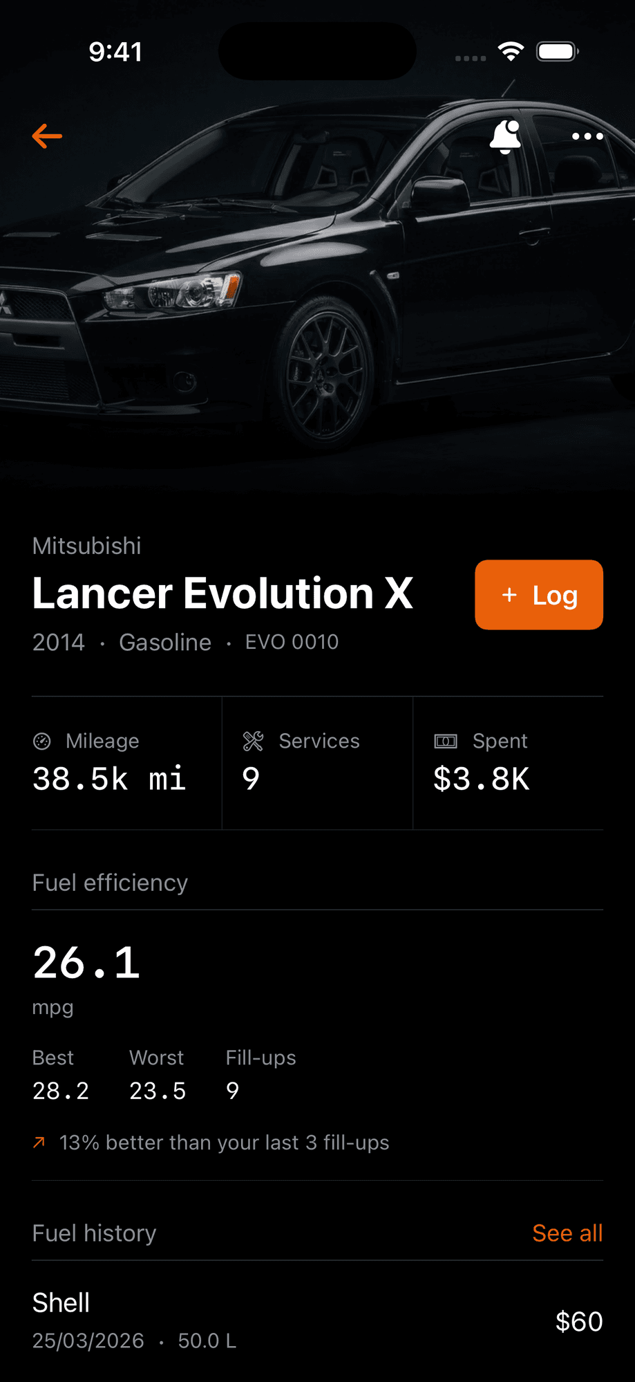 Vehicle detail screen with log service action