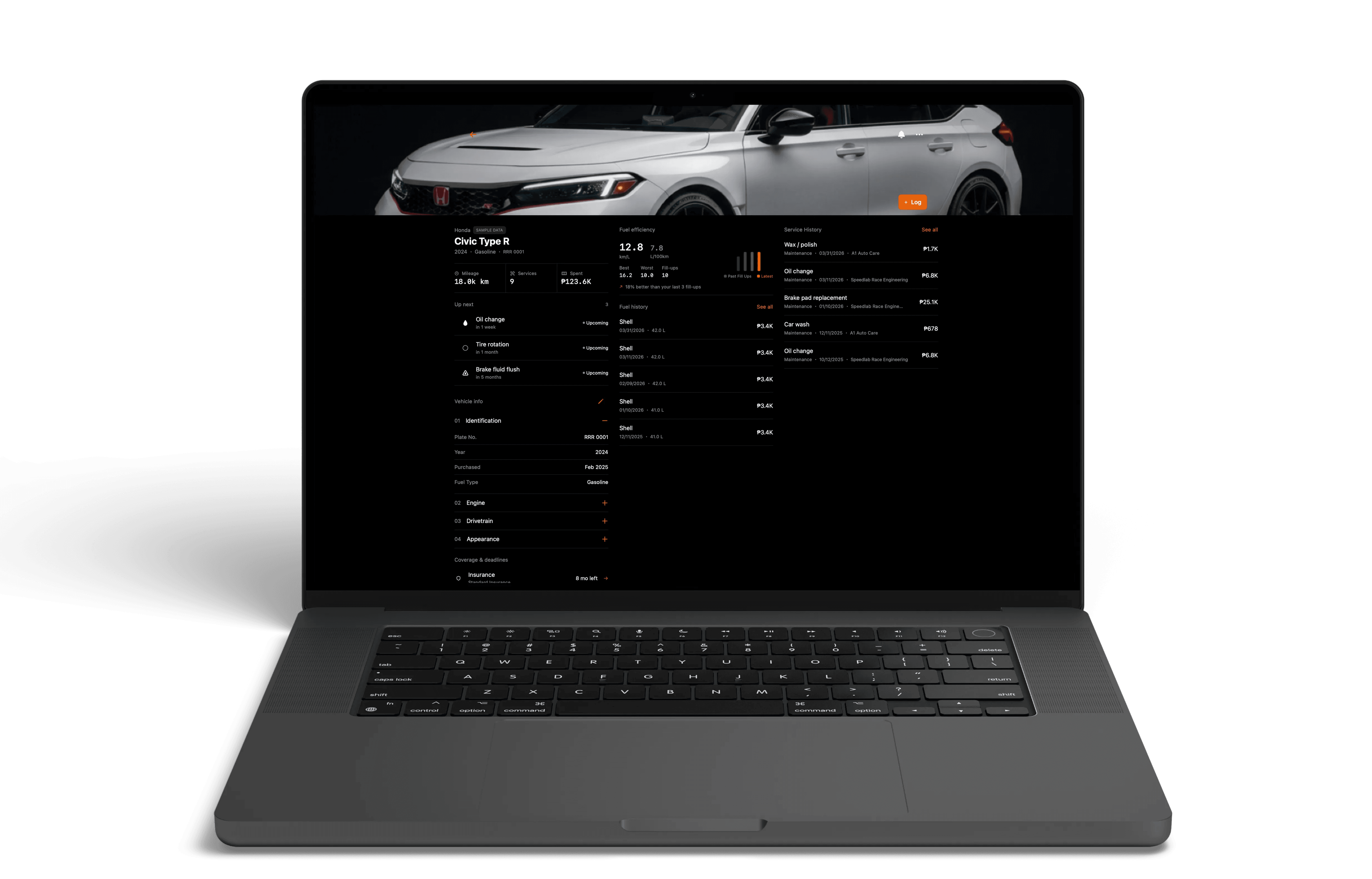 KeepAuto running on a MacBook Pro showing the vehicle detail view