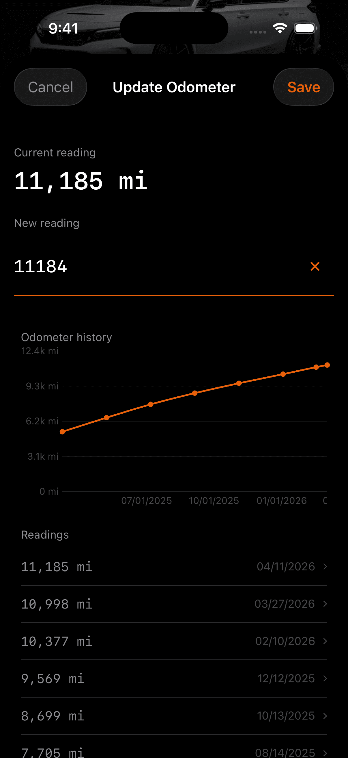Odometer tracking screen