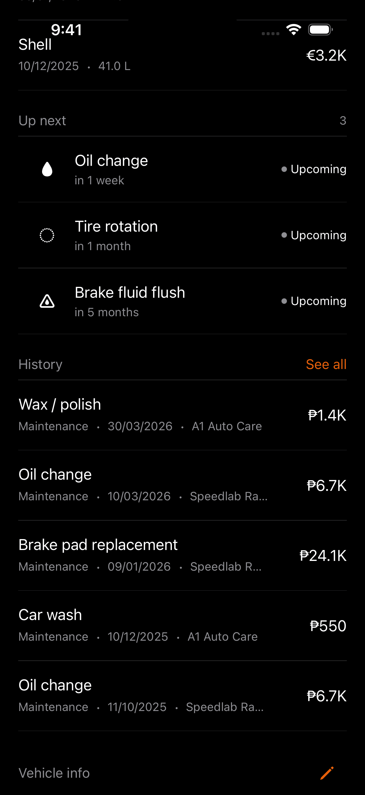 Service log timeline with upcoming maintenance and history